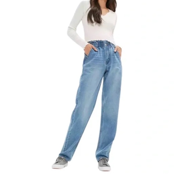 American Eagle Baggy Mom Jeans Hi-Rise Blue Paper bag Elastic Waist Size 4 / 27 - Picture 1 of 12